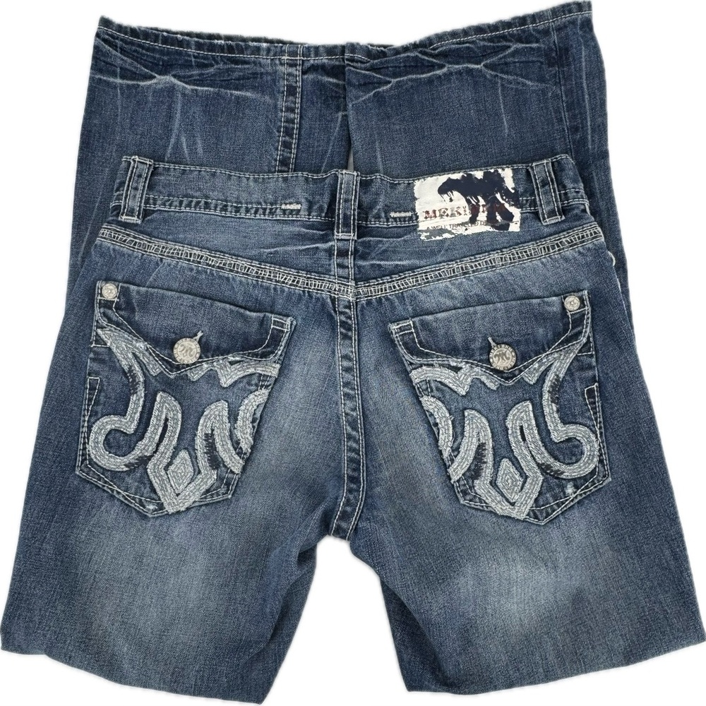 MEK Men's Distressed Dark Blue Embroidered Pocket Jeans Shorts